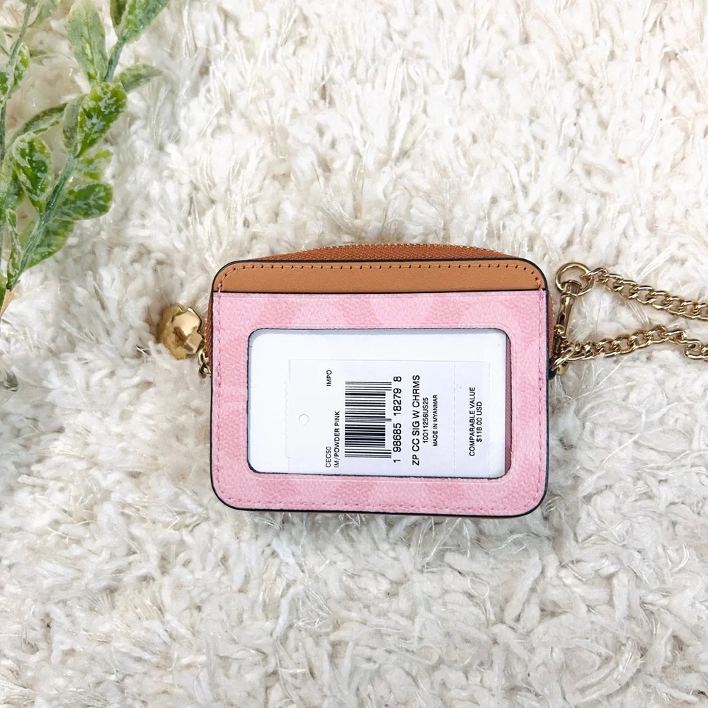 NWT🌸Coach Zip Card Case In Signature Canvas With Flower Charm Powder Pink CEC50 - Picture 2 of 5